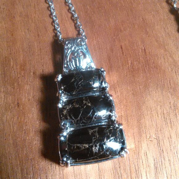 Matrix Silver Shungite Platinum Over Copper Pendant Stainless Steel Necklace - Picture 1 of 13